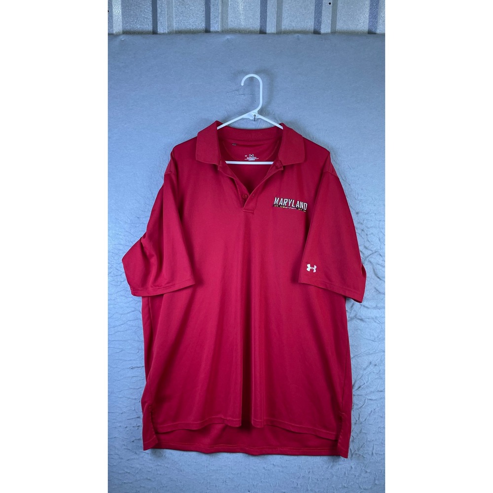 Under Armour Polo Shirt Mens LG Red Excellent Maryland Heatgear Short Sleeve